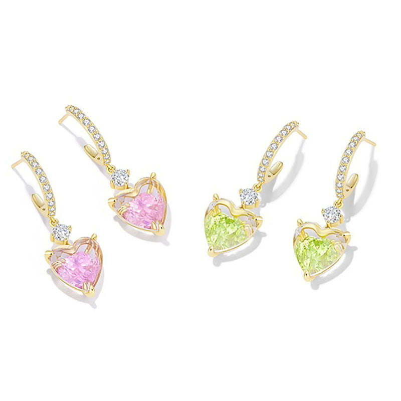 Fashion Green Pink Silver Heart Earrings