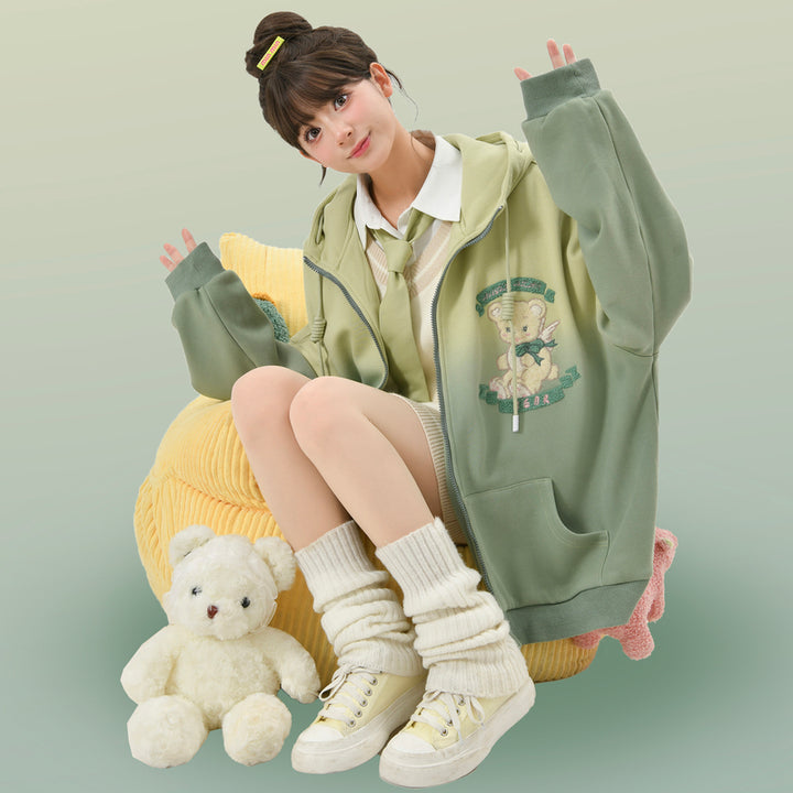 Green Tie-dye Gradient Fleece Hat Coat with Bear Embroidery
