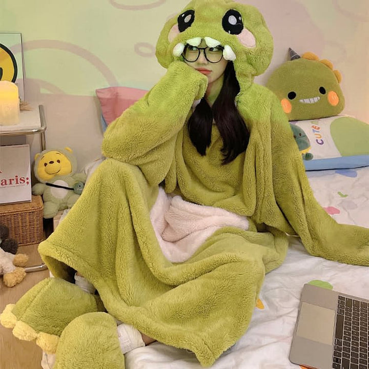 Funny Cartoon Dinosaur Plush Hooded Jumpsuit Pajamas Dress