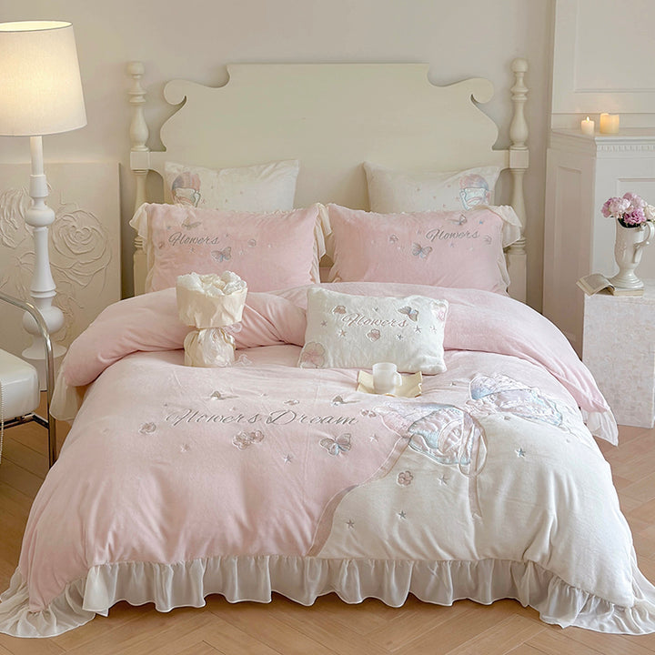 Butterfly Embroidery Milk Velvet Autumn/Winter Duvet Cover Set