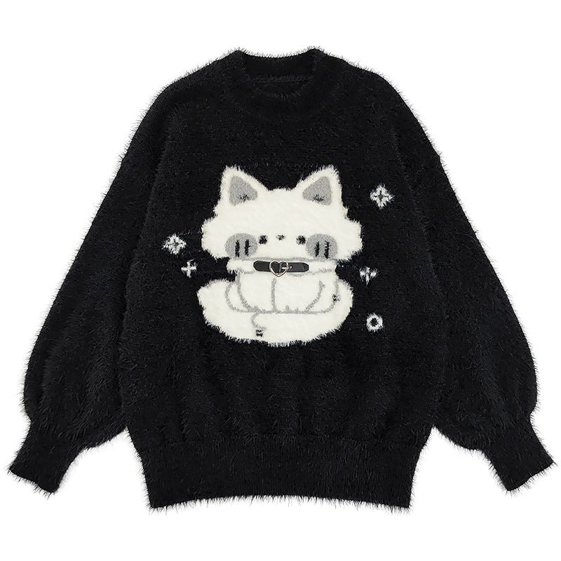 Cartoon Cat Print Black Sweater