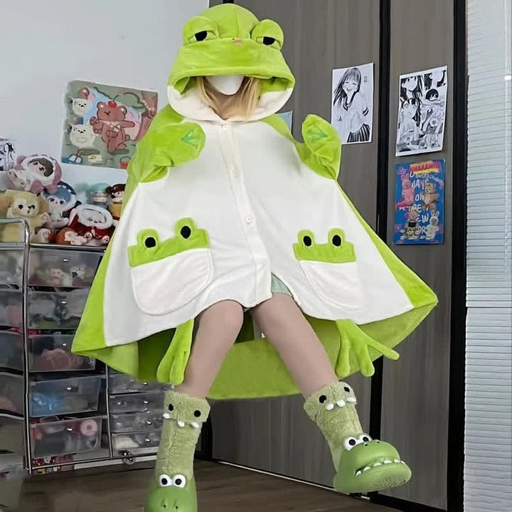 Funny Cartoon Frog Wearable Hooded Blanket