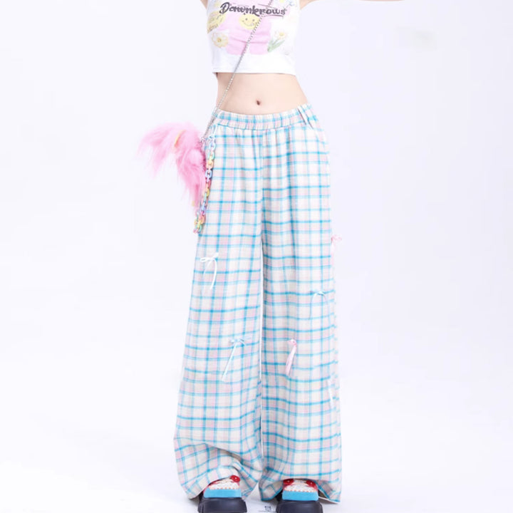 Summertime Chic Butterfly Bow Plaid Straight-Leg Pants