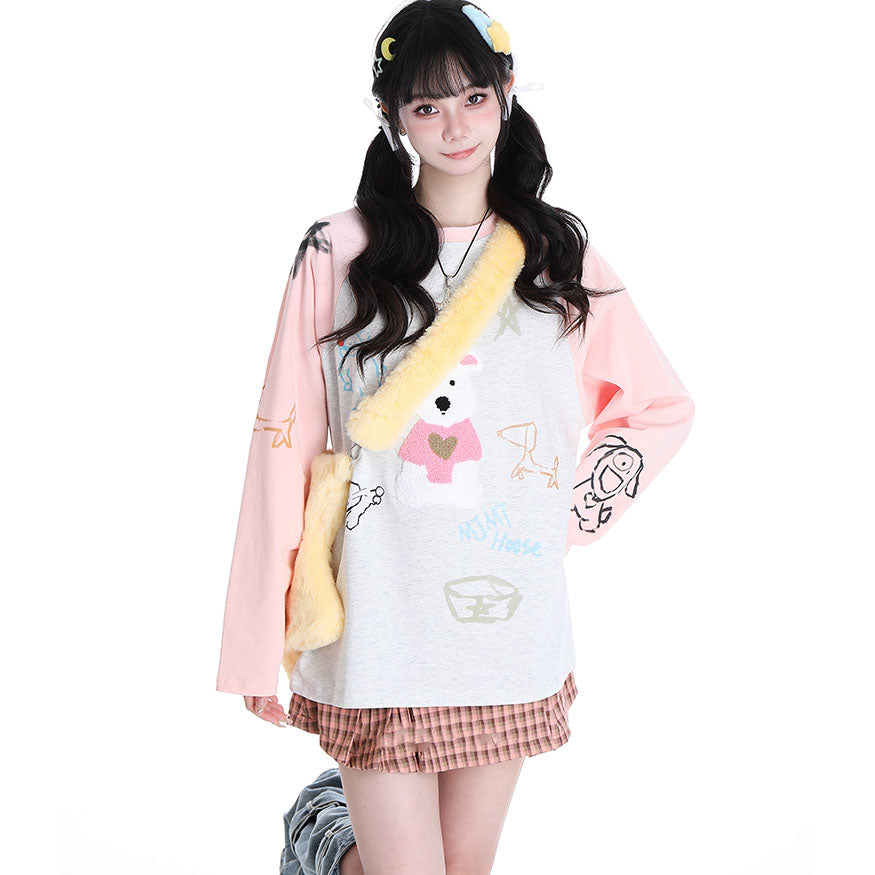 Cartoon Bear Print Long Sleeve Round Collar Hoodie