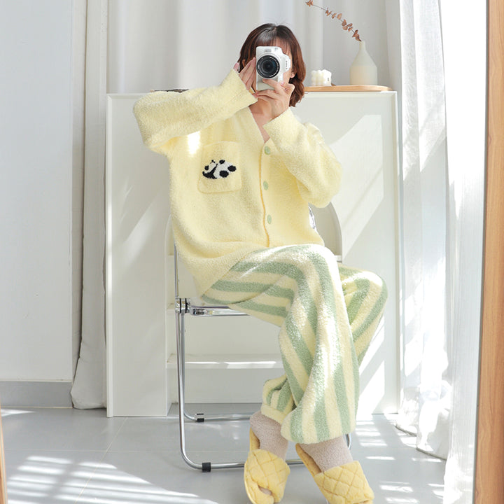 Panda Pattern V-neck Button-up Winter Pajamas Set