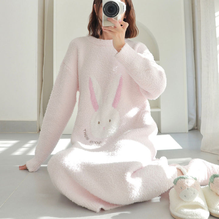 Cute Bunny Pattern Round Neck Winter Nightgown Pajamas Dress