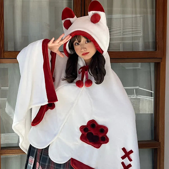 Cartoon Fox Plush Wearable Hooded Blanket