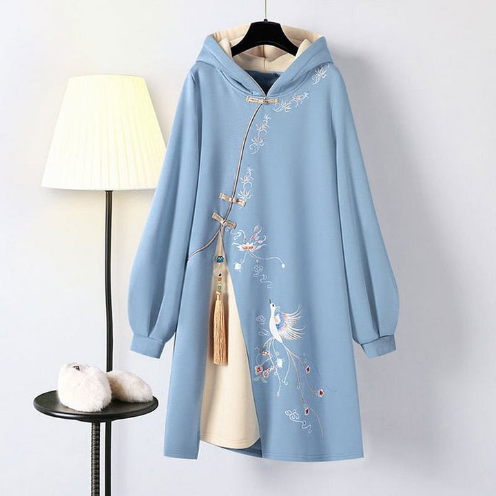 Embroidery Loose Fringed Hoodie Vintage Sweatshirt Dress