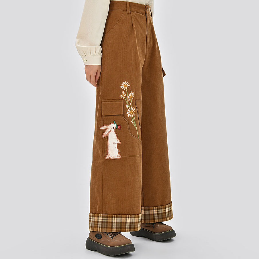 Cute Bunny and Daisy Embroidered Straight-Leg Loose Pants