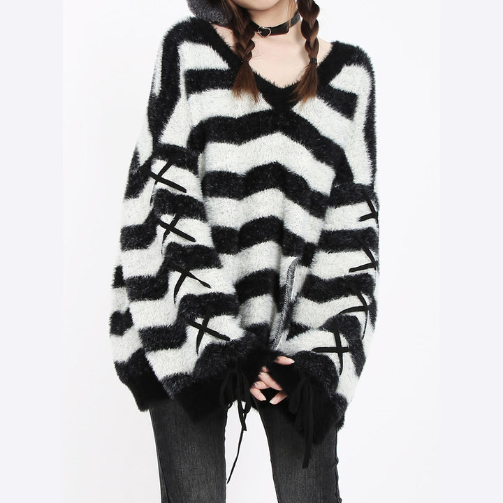 Black and Light Grey Striped V-Neck Sweater