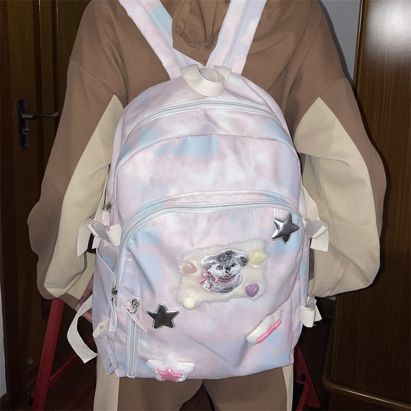 Stars Embroidery Pink Tie-dye Backpack