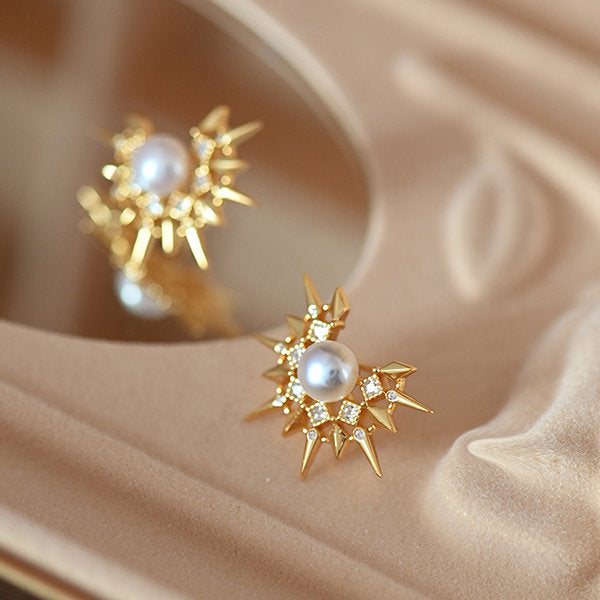 French Retro Sun Silver Pearl Earrings