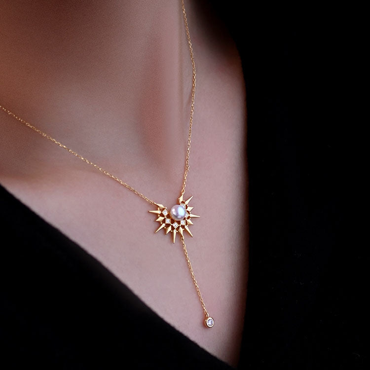 French Retro Sun Silver Pearl Necklace