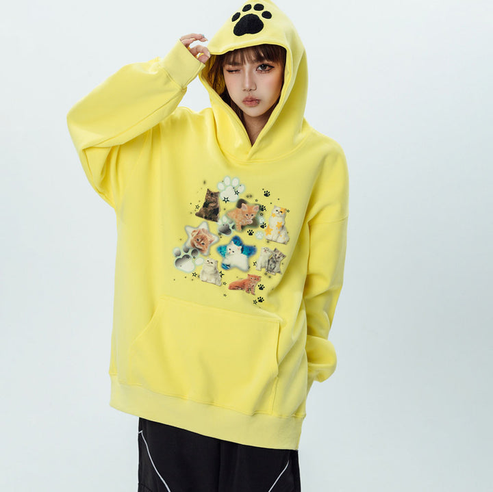 Kittys Print Pocket Loose Hoodie
