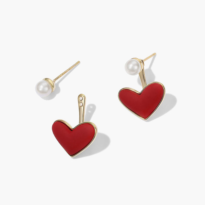 Red Heart and Pearl Drop Earrings
