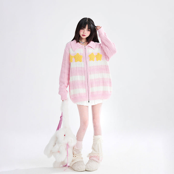 Pink and White Striped Star Sweater