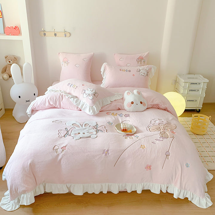 Cute Cartoon Rabbit Mushroom Embroidery Milk Velvet Autumn/Winter Duvet Cover Set