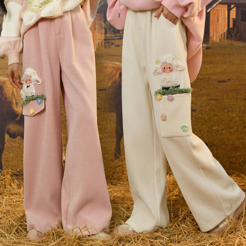 Cute Lamb Embroidered Straight-Leg Pants