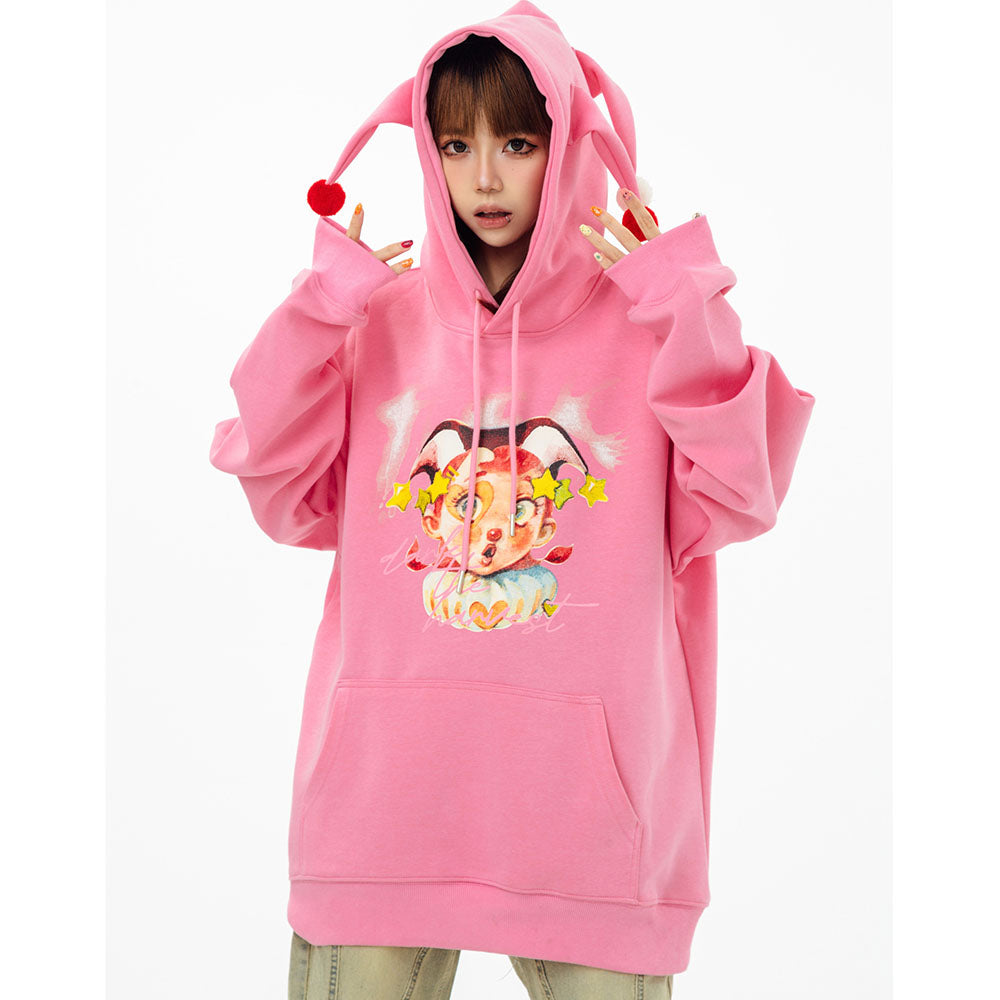 Circus Clown Print Pocket Loose Hoodie