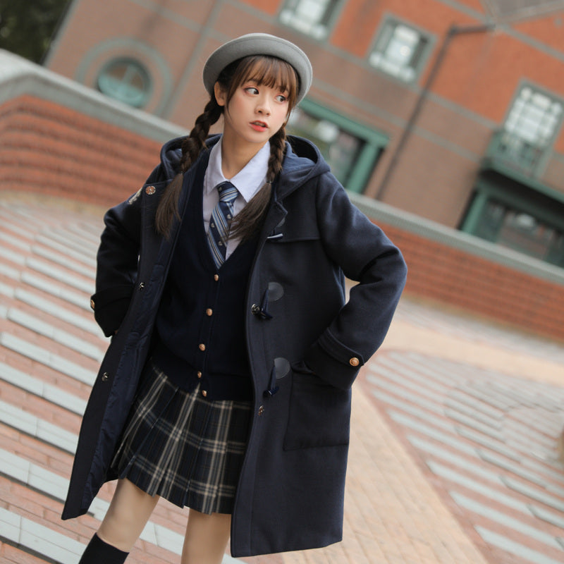 College-Style Thickened Woolen Coat with Horn Buttons