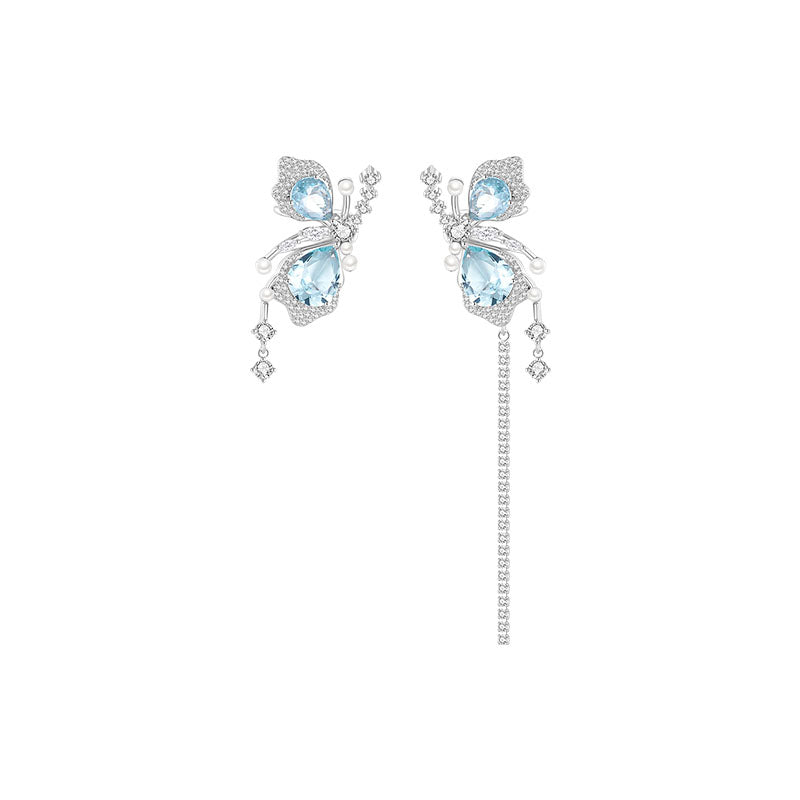 Elegant Blue Crystal Butterfly Ear Clips