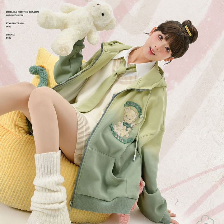 Green Tie-dye Gradient Fleece Hat Coat with Bear Embroidery
