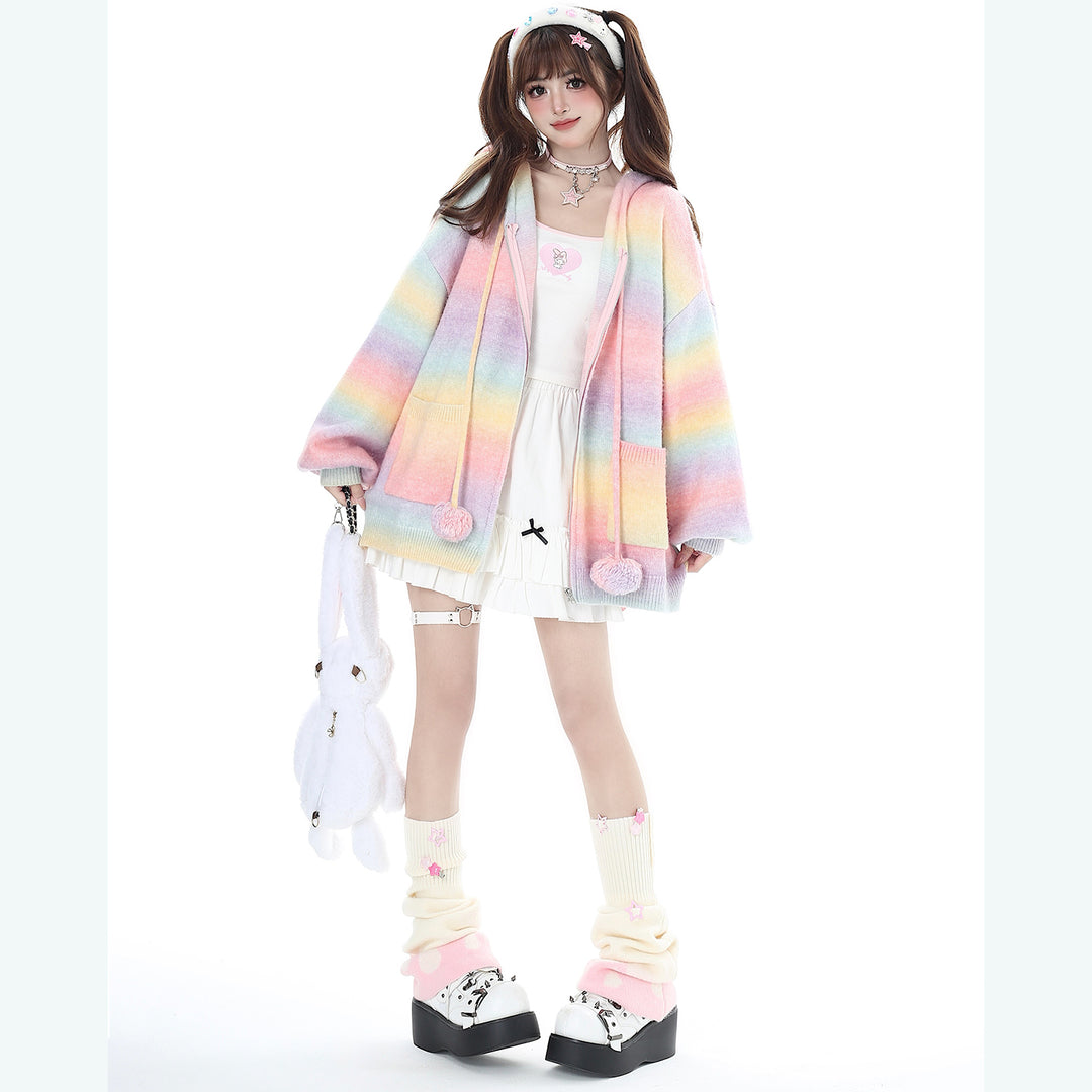 Cute Bunny Ear Zippered Hooded Knit Cardigan Sweater