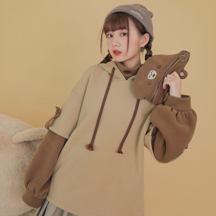 Cute Bear Fake Two-Piece Plush Hoodie