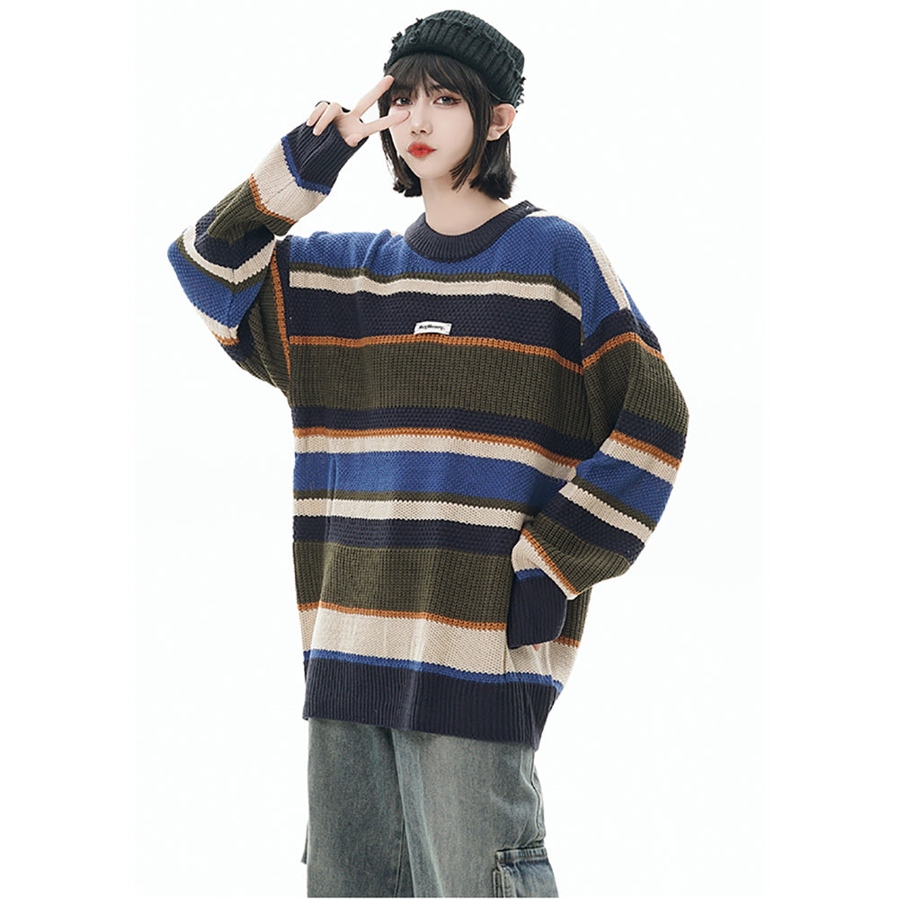 Vintage Striped College Style Loose Round Neck Knit Sweater