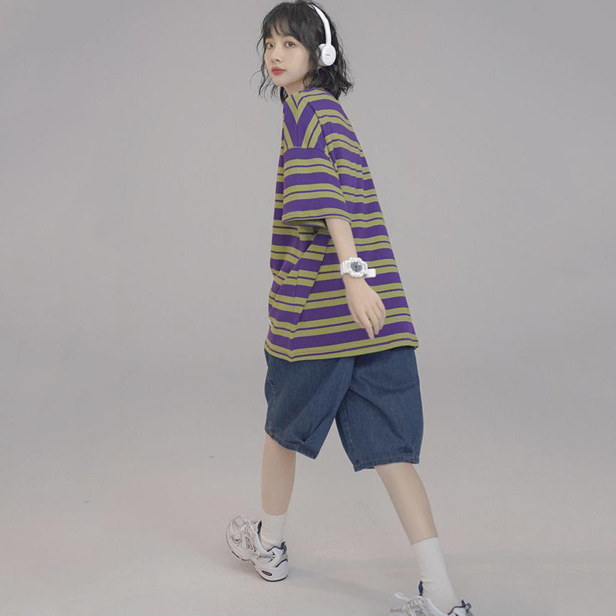 Japanese-style Summer Casual Purple Striped Short-sleeved T-shirt