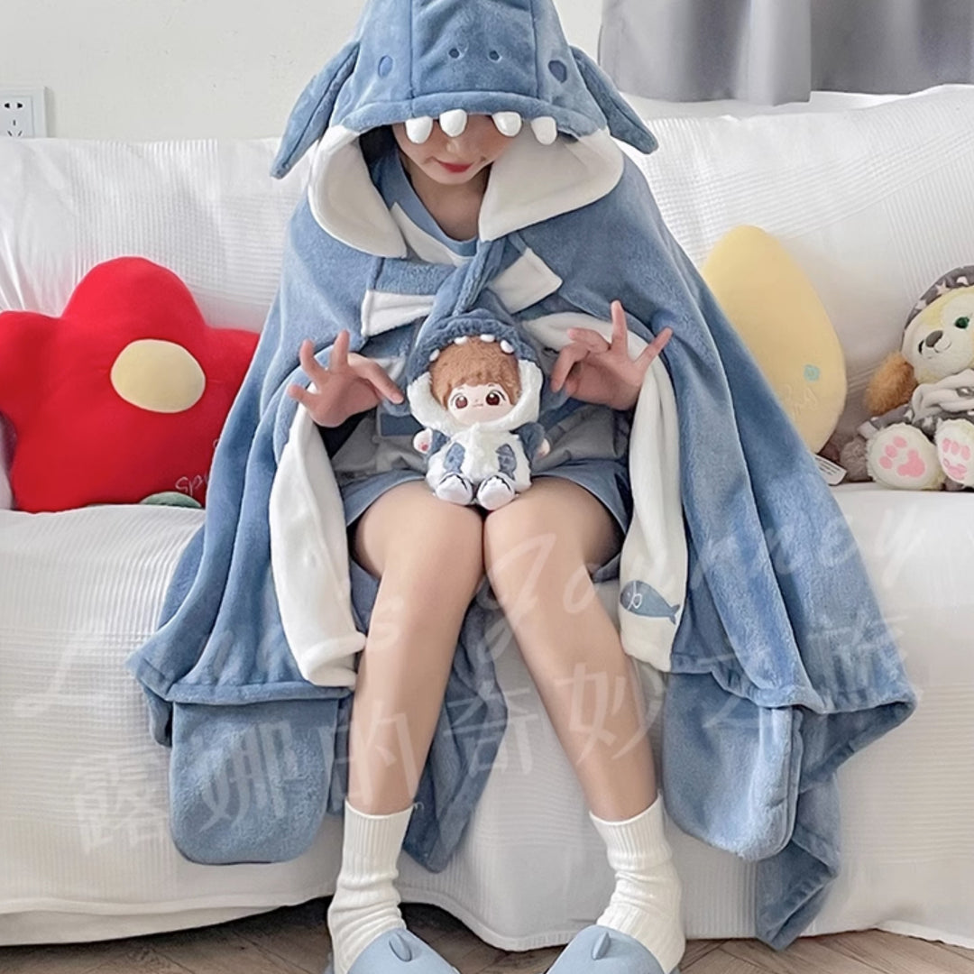 Cute Cartoon Shark Plush Hooded Cape Blanket