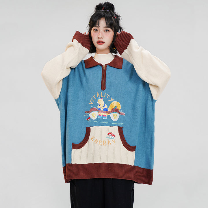 Cartoon Embroidered Pocket Polo-neck Sweater