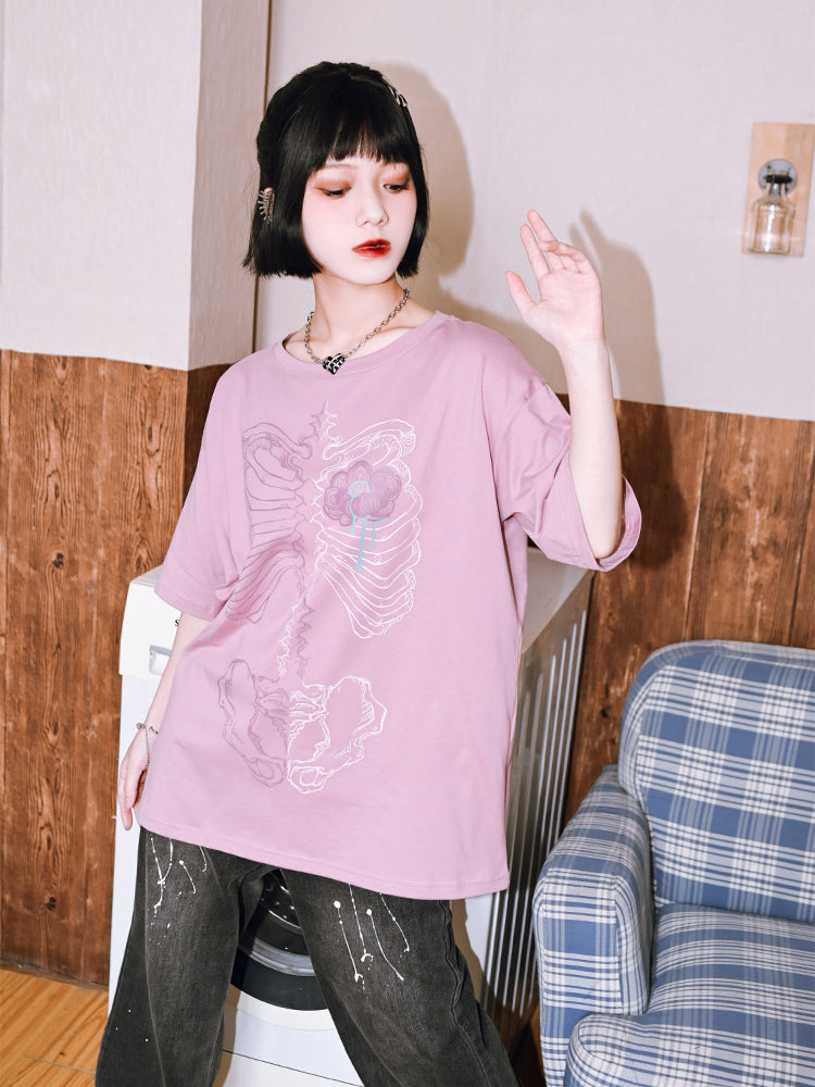 floral bone print Dark aesthetic short-sleeve top