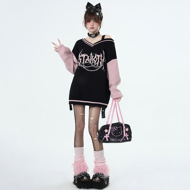 Y2K black and pink V-neck sweater for autumn winter Spring