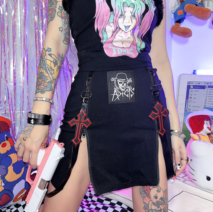 Punk cross-split black mini skirt
