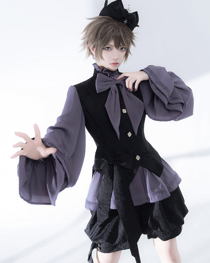 Elegant Purple Blouse with Large Bow and Ruffle Sleeves