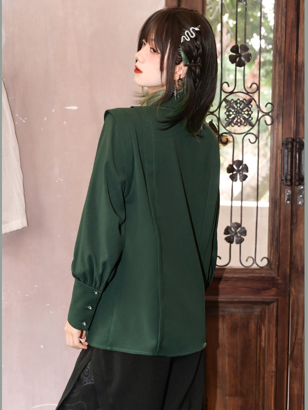Dark green Chinese-inspired embroidered shirt with asymmetrical pointed collar