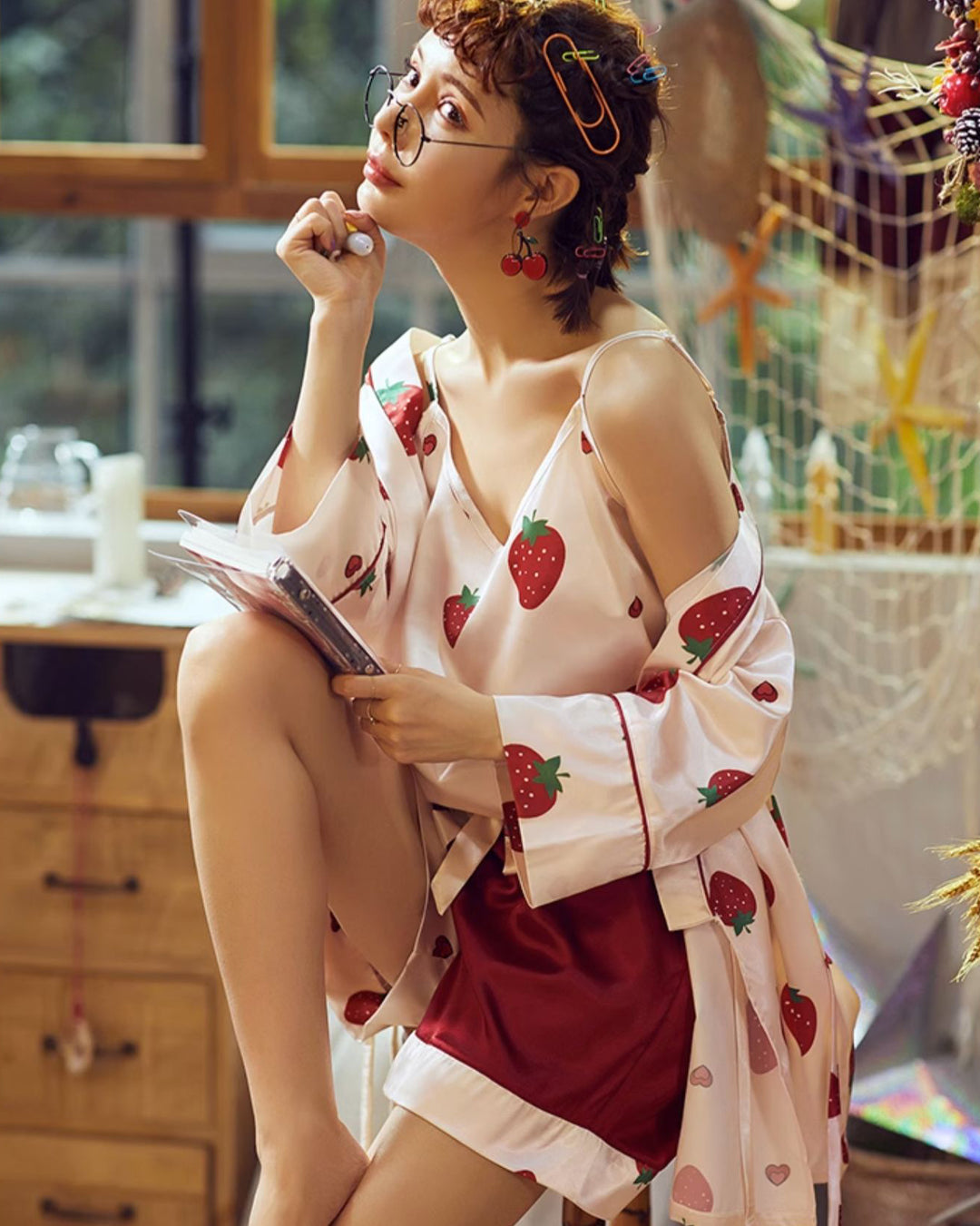Strawberry Print Silk Homewear Pajama Set
