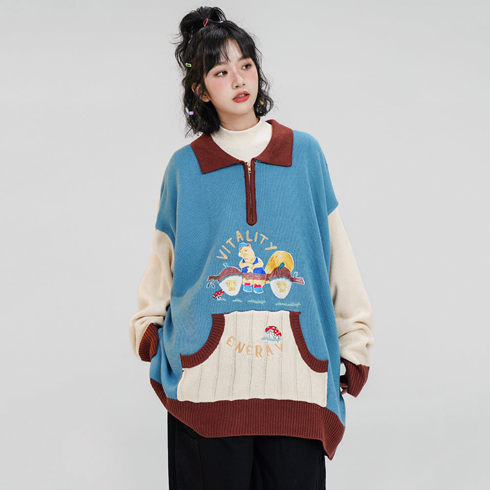 Cartoon Embroidered Pocket Polo-neck Sweater