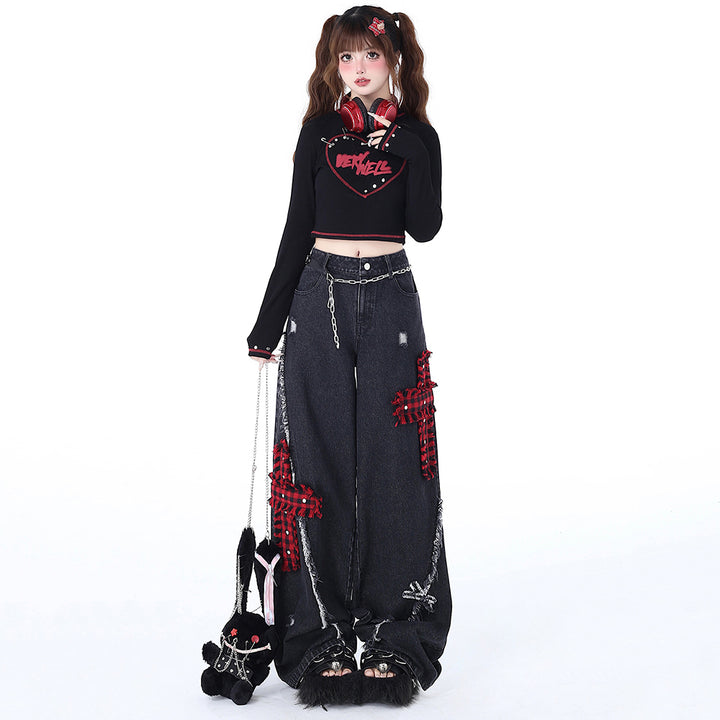 Punk Cross Embroidery Ripped Straight Wide-leg Jeans