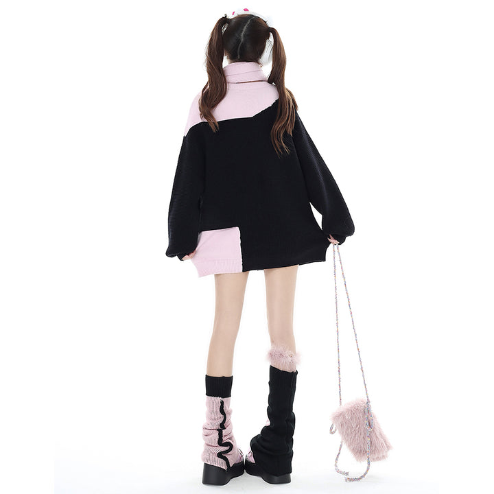 Heart Pattern Crossed Straps Decor Round Neck Sweater with Scarf