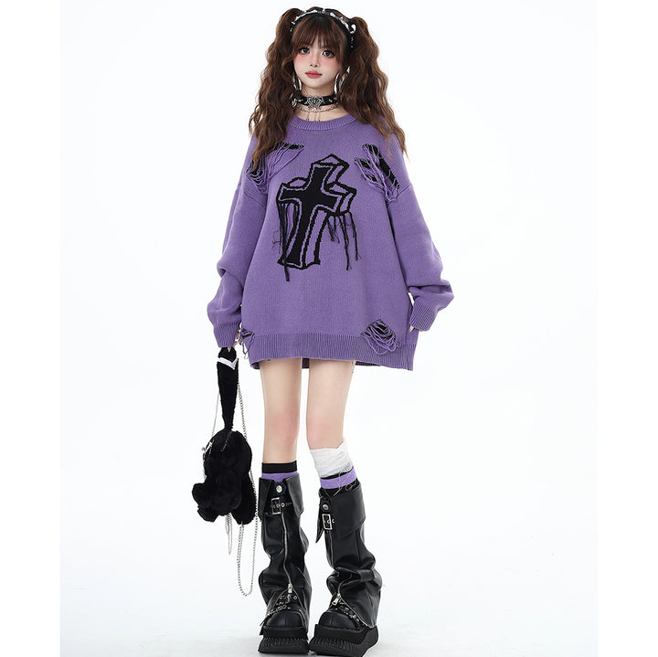 Cross Pattern Distressed Holes Black-Purple Loose Fit Sweater