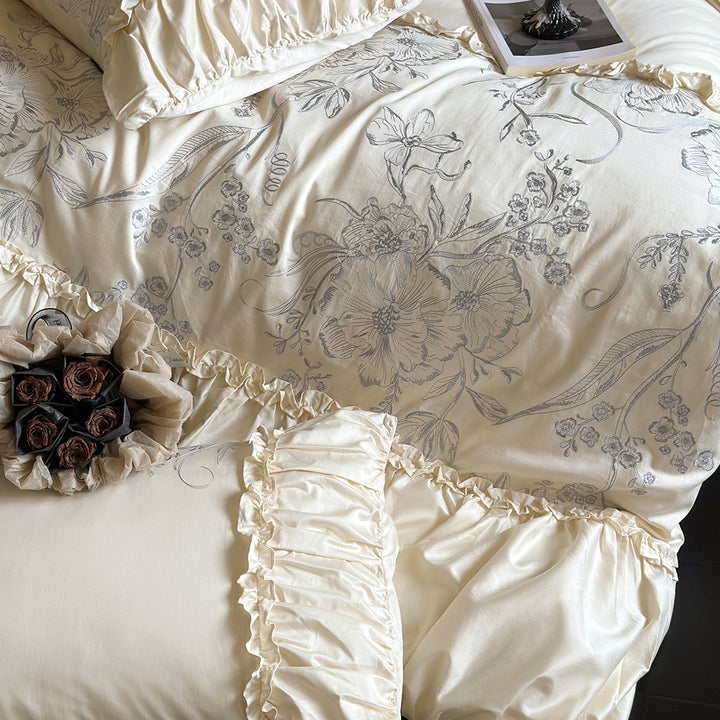 Floral Embroidery Ruffled Lace Cotton Bedding Set