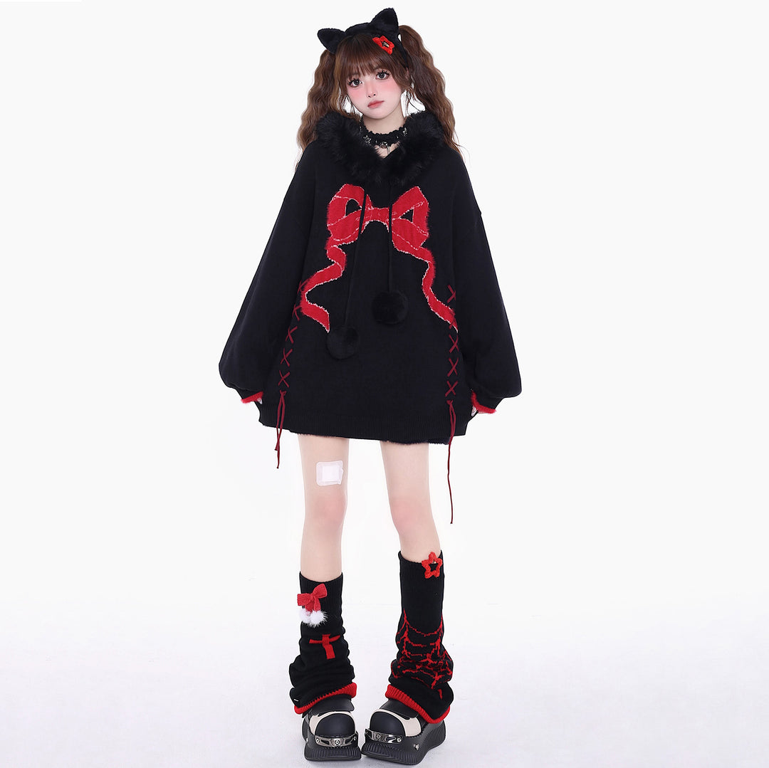 Bowknot black and red sweater for spring autumn winter