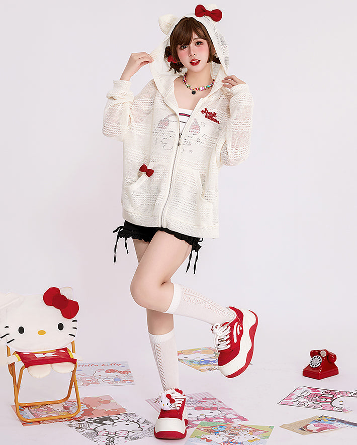 Cat Ear Bow Embroidered Hollow Knit Loose Cardigan