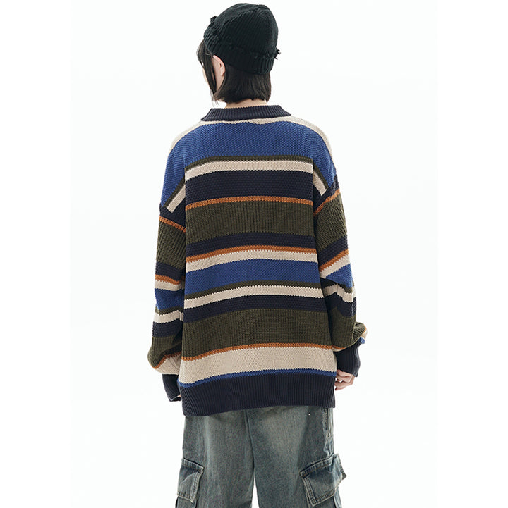 Vintage Striped College Style Loose Round Neck Knit Sweater