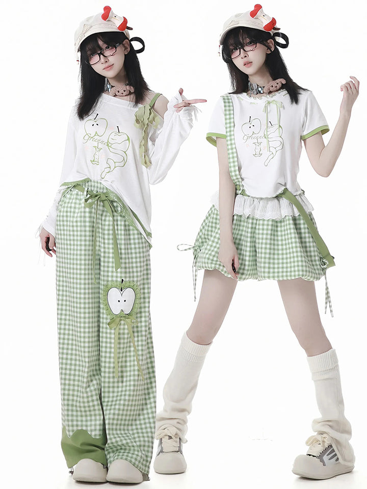 Cute Apple Graphic T-Shirt / Long Sleeve Shirt / Checkered Shorts / Pants