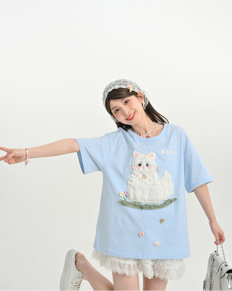 Blue Kitten Patch Embroidery Short Sleeve T-Shirt