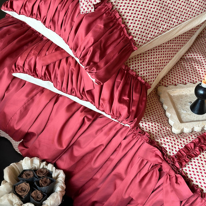 Romantic Red Polka Dot Bow Cotton Bedding Set