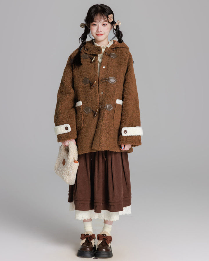 Cozy Brown/Cream White Toggle Shearling Coat